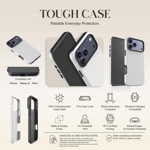 Pu&ograve; includere: Custodie per telefoni bianche e nere con la scritta "TOUGH CASE" e "Reliable Everyday Protection". Compatibili con telefoni iPhone, Galaxy S e Pixel. Caratteristiche: guscio esterno in policarbonato, rivestimento interno in TPU e ricarica wireless.