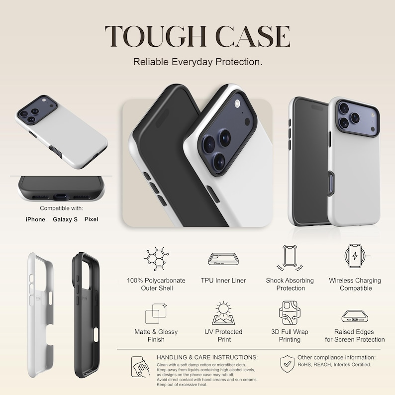 Pu&ograve; includere: Custodie per telefoni bianche e nere con la scritta "TOUGH CASE" e "Reliable Everyday Protection". Compatibili con telefoni iPhone, Galaxy S e Pixel. Caratteristiche: guscio esterno in policarbonato, rivestimento interno in TPU e ricarica wireless.