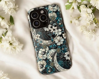 Stained Glass Moon Floral iPhone Case 16 15 14 13 Pro Max, Celestial S24 S23 S22 Ultra Case, iPhone 12 11 Case, Gift for Her - PRINTED
