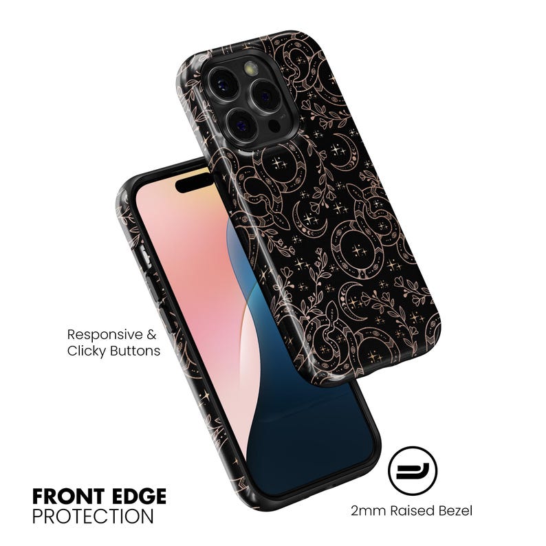 May include: Black phone case with a rose gold celestial pattern featuring moons, stars, and floral elements. The case is shown with a phone, and the text "Responsive & Clicky Buttons" and "Front Edge Protection" are visible.
