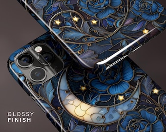 Stained Glass Moon Phone Case, Mosaic Dark Academia iPhone 16 15 14 13 12 11 Pro Max, S25 S24 S23 Ultra, Gift for Her