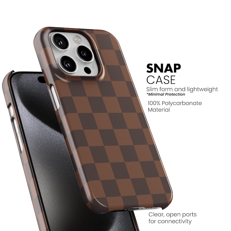 May include: A brown and dark brown checkered Snap Case for a smartphone. The case is made of 100% polycarbonate material and has clear, open ports for connectivity. The text on the case reads "SNAP CASE" and "Slim form and lightweight *Minimal Protection".