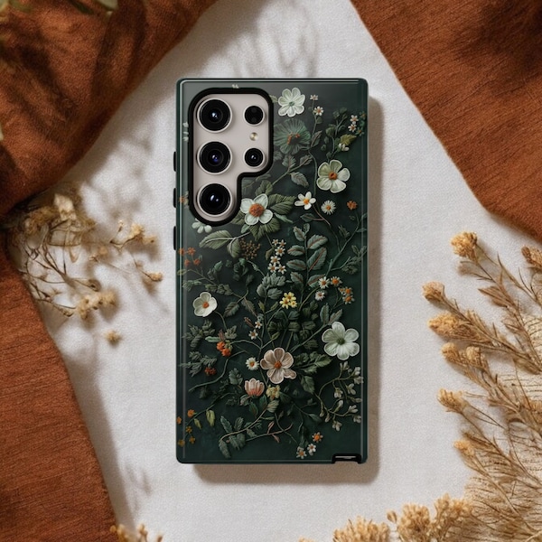 Telefoonhoesje met groen bloemenborduurwerk voor Galaxy S24 S23 S22 S21 Plus Ultra, hoesje Botanical Cottagecore Galaxy S23 Ultra, hoesje Galaxy S22 Ultra