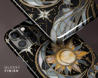 Celestial Stained Glass Phone Case, Sun and Moon iPhone 16 15 14 13 12 11 Pro Max, S25 S24 S23 Ultra, Gift for Her
