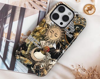 May include: A celestial-themed phone case featuring a sun, moon, and stars design. The case has a black background with the text "we are made of star stuff" and "you are my sun, my moon, and fall of my stars". The case is on a white surface.