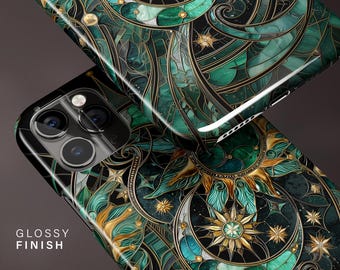 Himmlische Buntglas Handyhülle, Grün iPhone 16 15 14 13 12 11 Pro Max, S25 S24 S23 Ultra, Geschenk für Sie