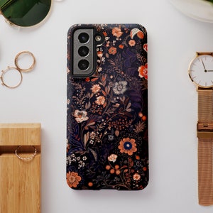 Bloemen in rood zwart telefoonhoesje Galaxy S24 S23 S22 S21 Plus Ultra, S24 Ultra-hoesje, S23 Ultra-hoesje, S24 Plus-hoesje, S23 Plus-hoesje