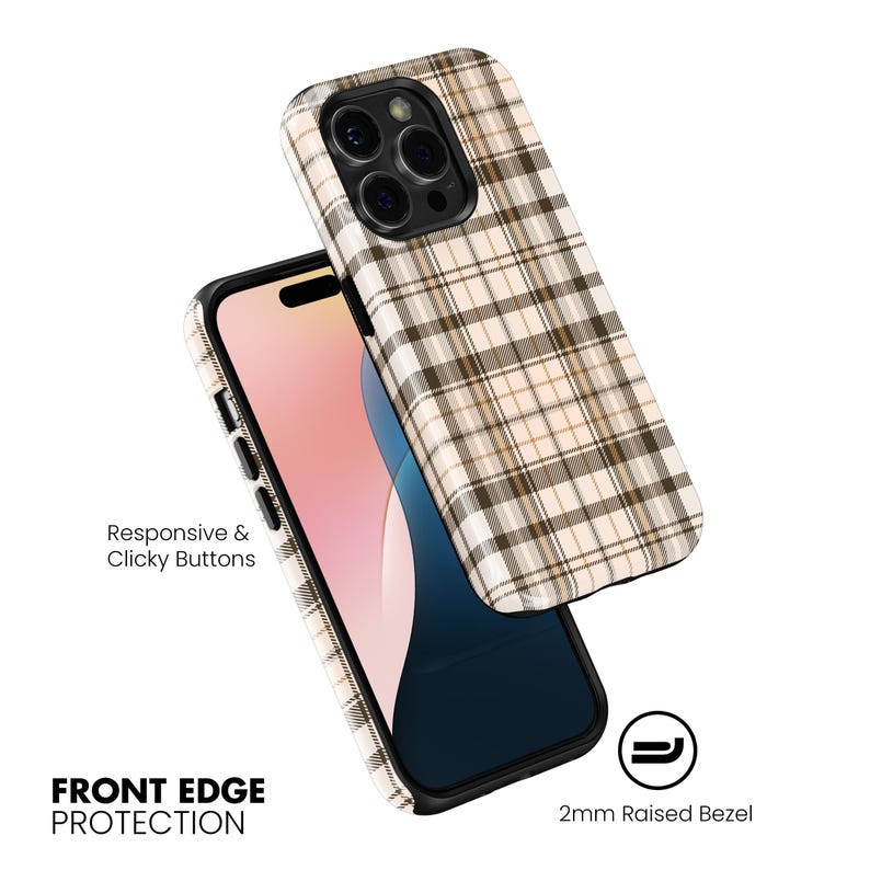May include: A phone case with a plaid pattern in beige, brown, and white. The case is shown with a phone inside and another case floating above it. The text "Responsive & Clicky Buttons" and "FRONT EDGE PROTECTION" are visible.