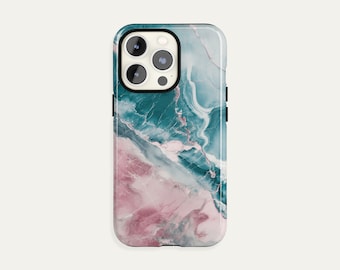 Marble Phone Case, Pink Teal iPhone 17 Pro Max Case, S26 Ultra Cover