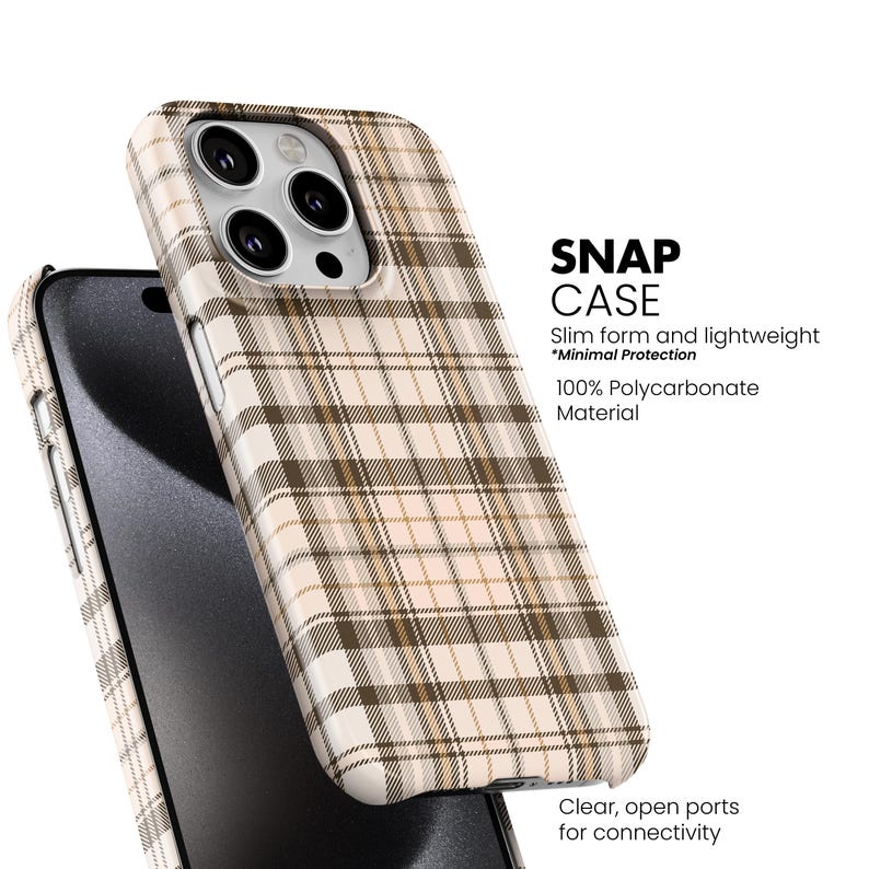 May include: A phone case with a plaid pattern in shades of brown and cream. The case is labeled "SNAP CASE" and is described as slim, lightweight, and made of 100% polycarbonate material. The case has clear, open ports for connectivity.