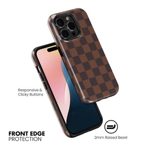 May include: A brown and tan checkered phone case with a 2mm raised bezel. The phone case is shown with a phone inside, and the text "Responsive & Clicky Buttons" and "Front Edge Protection" are visible.