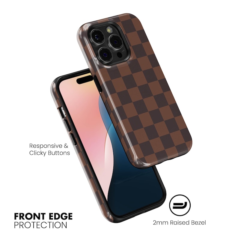 May include: A brown and tan checkered phone case with a 2mm raised bezel. The phone case is shown with a phone inside, and the text "Responsive & Clicky Buttons" and "Front Edge Protection" are visible.