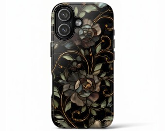 Funda para teléfono con diseño de vidrieras, funda para iPhone 17 Pro Max con estampado floral oscuro, funda para S26 Ultra