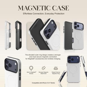 May include: White and black magnetic phone cases with the text "MAGNETIC CASE" and "Effortless Connection, Everyday Protection." The cases are designed for the iPhone 13-17 series and feature a built-in MagSafe module.