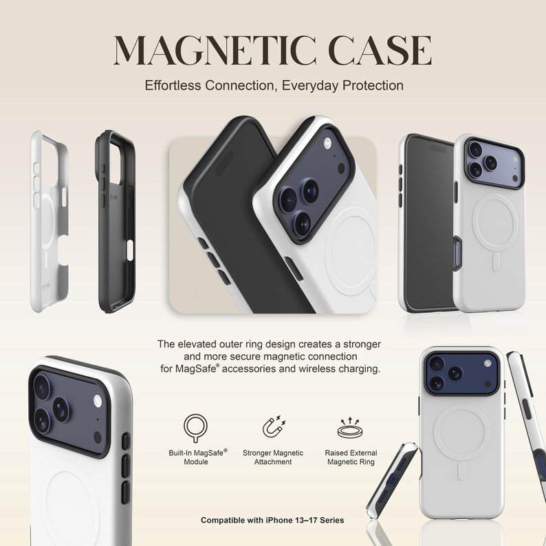 May include: White and black magnetic phone cases with the text "MAGNETIC CASE" and "Effortless Connection, Everyday Protection." The cases are designed for the iPhone 13-17 series and feature a built-in MagSafe module.