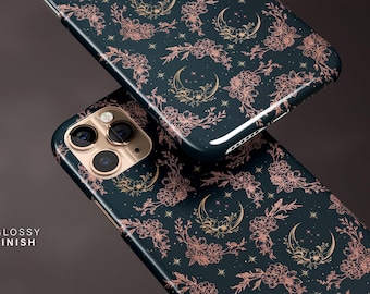 MOON Botanical Floral iPhone Case 15 14 14 13 12 11 Pro Max, Celestial Galaxy S23 S22 Ultra Case, Witchy Cottagecore iPhone X XR Tough Case