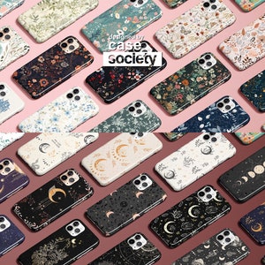 May include: A collection of phone cases with various floral and celestial designs. The cases are arranged in two rows on a pink and red background. The text "designed by case society" is visible in the center of the image.
