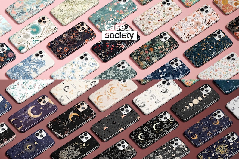 May include: A collection of phone cases with various floral and celestial designs. The cases are arranged in two rows on a pink and red background. The text "designed by case society" is visible in the center of the image.