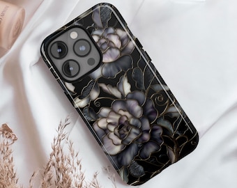 Stained Glass Phone Case, Mosaic Dark Flower iPhone 16 15 14 13 12 11 Pro Max, S25 S24 S23 Ultra, Gift for Her