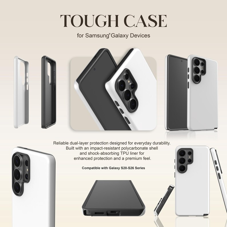May include: White and black phone cases for Samsung Galaxy devices. The image shows multiple views of the cases, highlighting their dual-layer protection and impact-resistant design. Text on the image reads "TOUGH CASE" and "Compatible with Galaxy S20-S26 Series."