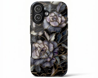 Funda para teléfono con diseño de vidrieras, mosaico de flores oscuras, para iPhone 16 15 14 13 12 11 Pro Max, S25 S24 S23 Ultra, regalo para ella.