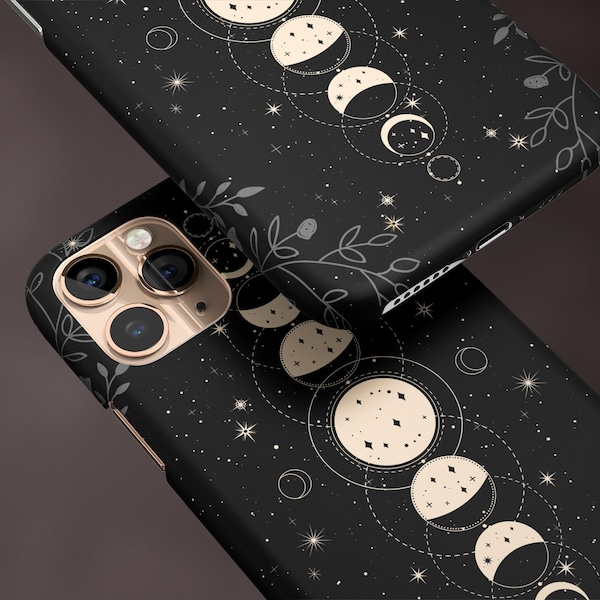 Black Moon Phases iPhone Case 15 14 13 12 Pro Max, Celestial Galaxy S23 S22 Plus Ultra, iPhone X XR Case