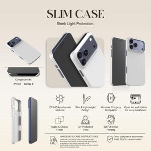 May include: White slim phone case with a sleek design, compatible with iPhone and Galaxy S models. Features include wireless charging compatibility, matte and glossy finish, and 3D full wrap printing. The case is made of 100% polycarbonate material.