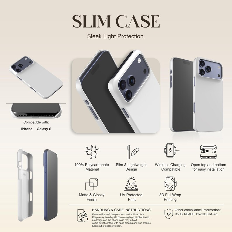 May include: White slim phone case with a sleek design, compatible with iPhone and Galaxy S models. Features include wireless charging compatibility, matte and glossy finish, and 3D full wrap printing. The case is made of 100% polycarbonate material.