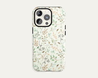Könnte beinhalten: Smartphone-Hülle mit botanischem Muster. Die Hülle hat einen cremefarbenen Hintergrund, der mit Blättern und Beeren im Aquarellstil in Grün-, Braun- und Grautönen verziert ist. Sie hat einen schwarzen Rand und ein Kameragehäuse.