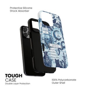 Puede incluir: Funda de tel&eacute;fono negra con un dise&ntilde;o m&iacute;stico azul y blanco. La funda tiene una construcci&oacute;n de doble capa con un amortiguador de golpes de silicona protector y una cubierta exterior 100% de policarbonato. El texto "TOUGH CASE" es visible.