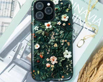 Green Floral Embroidery Case iPhone 15 14 13 12 11 Pro Max, Cottagecore S24 S23 S22 Plus Ultra Case, iPhone X XR Case
