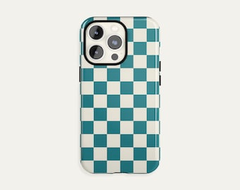 Greenish Blue Checkered iPhone Case 15 14 13 12 11 Pro Max, Abstract S24 S23 S22 Plus Ultra, iPhone X XR XS Max Case