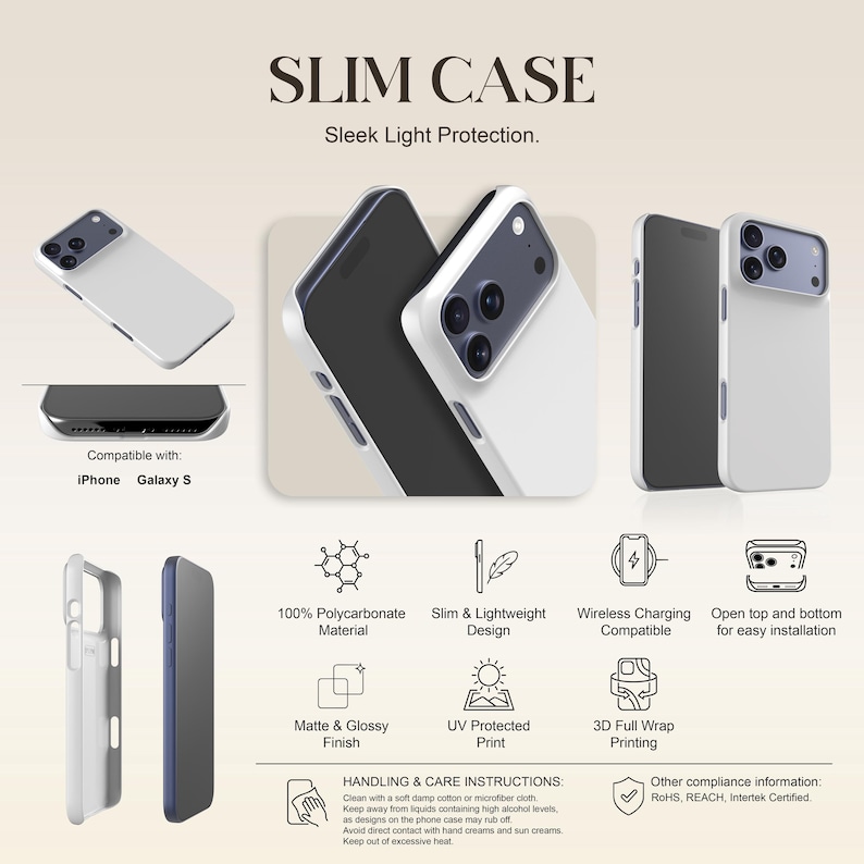 Pu&ograve; includere: Custodia per telefono sottile bianca dal design elegante, compatibile con i modelli iPhone e Galaxy S. Include compatibilit&agrave; con ricarica wireless, finitura opaca e lucida e stampa avvolgente 3D. Realizzata in materiale 100% policarbonato.
