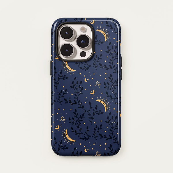 Moon and Floral Phone Case Stars Celestial Dark Themed Floral Case Navy  | iPhone 12 Mini Pro Max - iPhone 11 X XR XS Max Case