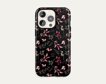 Black Floral Leaves Phone Case iPhone 15 Pro Max Dark Botanical Nature Cover