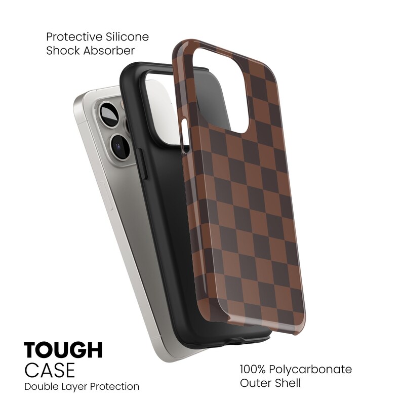 May include: A phone case with a brown and black checkered pattern. The case is made of a protective silicone shock absorber and a 100% polycarbonate outer shell. The text on the case reads "TOUGH CASE Double Layer Protection".