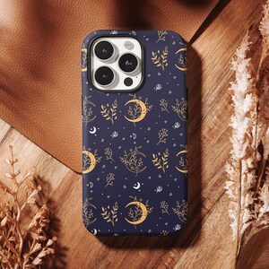 Moon iPhone Case 15 14 14 13 12 11 Pro Max, Celestial Galaxy S23 S22 Ultra Case, Blue Botanical Floral iPhone X XR Tough Case