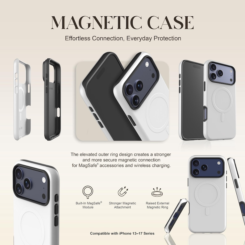 K&ouml;nnte beinhalten: Wei&szlig;e und schwarze magnetische Handyh&uuml;llen mit dem Text "MAGNETIC CASE" und "Effortless Connection, Everyday Protection". Die H&uuml;llen sind f&uuml;r die iPhone 13-17 Serie konzipiert und verf&uuml;gen &uuml;ber ein integriertes MagSafe-Modul.