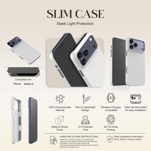May include: White slim phone case with a sleek design, compatible with iPhone and Galaxy S models. Features include wireless charging compatibility, matte and glossy finish, and 3D full wrap printing. The case is made of 100% polycarbonate material.