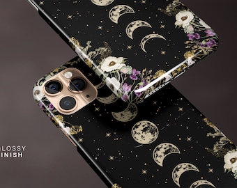 Moon Phases Celestial iPhone Case 15 14 13 12 11 Pro Max, Floral S23 S22 Plus Ultra Case, Cottagecore iPhone X XR Tough Case