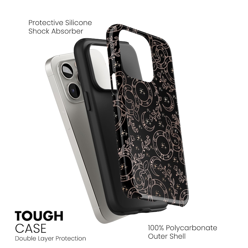 May include: Black phone case with a rose gold celestial pattern. The case is made of a protective silicone shock absorber and a 100% polycarbonate outer shell. The text "TOUGH CASE" and "Double Layer Protection" are visible.