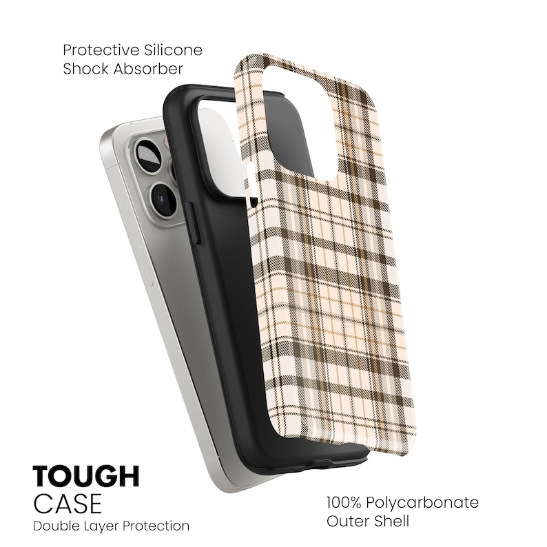 May include: A phone case with a plaid pattern in beige, brown, and white. The case is shown in layers, revealing a black protective silicone shock absorber and a 100% polycarbonate outer shell. The text "TOUGH CASE" and "Double Layer Protection" are visible.