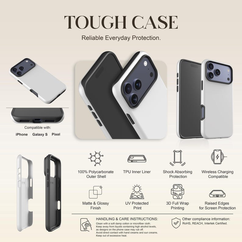 May include: White and black phone cases with the text "TOUGH CASE" and "Reliable Everyday Protection." The cases are compatible with iPhone, Galaxy S, and Pixel phones. Features include a polycarbonate outer shell, TPU inner liner, and wireless charging compatibility.
