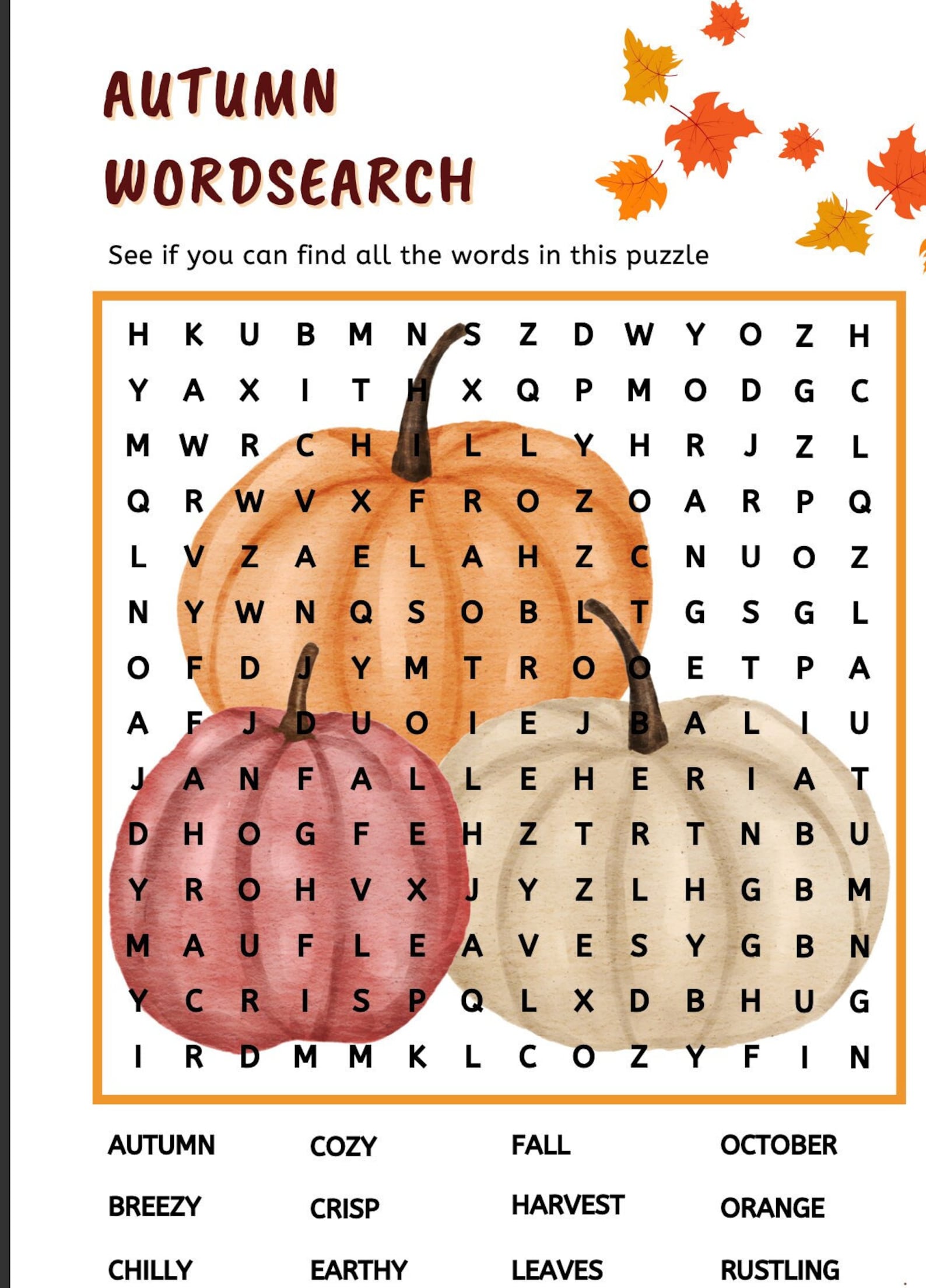 Autumn Wordsearch Etsy