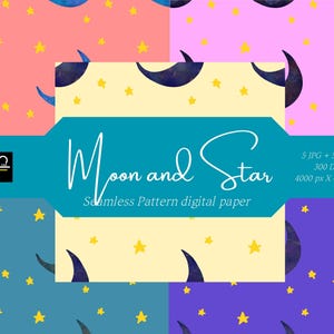 Moon and Star Seamless Pattern, Digital Paper, Unique hand-drawn background, Instant Download, JPG, PNG