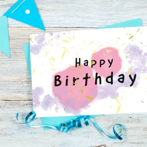 Happy Birthday, Pink, Purple, Cute & Lovely Card, Congratulation Card, Digital Watercolor Painting Card Print, Printable Anniversary Card