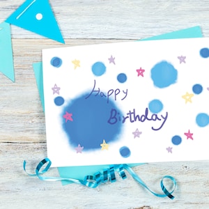 Estrelas azuis fofas, cartão de feliz aniversário, cartão de felicitações, impressão digital de cartão em aquarela, cartão de aniversário para impressão, download digital