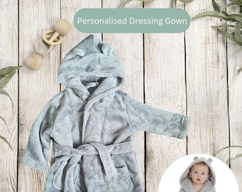 Peignoir de chambre brodé personnalisé, nom de bébé personnalisé à capuche, robe de chambre nounours, cadeau de naissance, cadeau de baby shower pour nouvelle maman