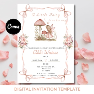 Fee-Babyparty-Einladungsvorlage, Waldmädchen-Dusche einladen, bearbeitbare Canva-Vorlage, Pilz-Babyparty, Sofort-Download D1