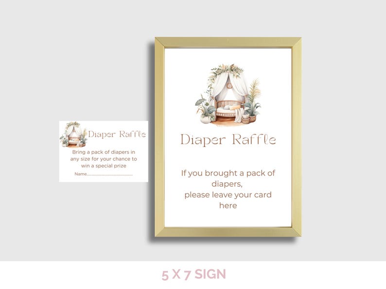 May include: A framed sign with the text "Diaper Raffle" and an illustration of a baby crib. The sign also includes instructions for a diaper raffle. A smaller card with the same design is also present.